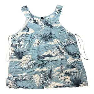 Tori Richard Harley-Davidson Honolulu Hawaii Tank Top Blue Tropical Floral L